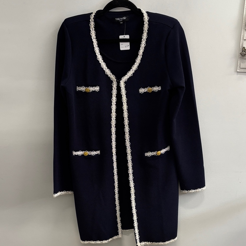 Navy Cardigan with White Lacy Trim and gold buttons TERRA NOSTRA
